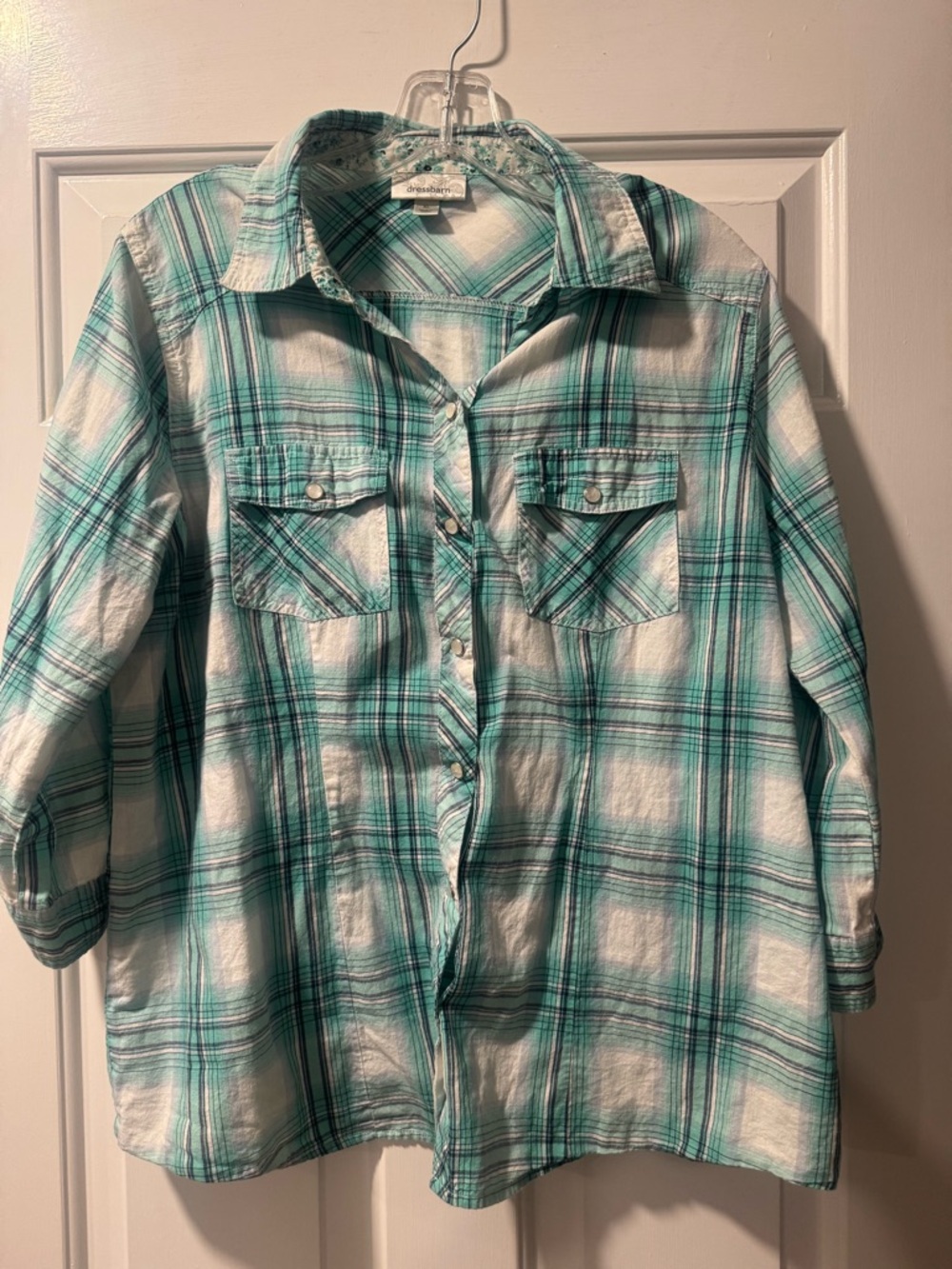 Dress Barn Teal and White Plaid Button-Up Shirt